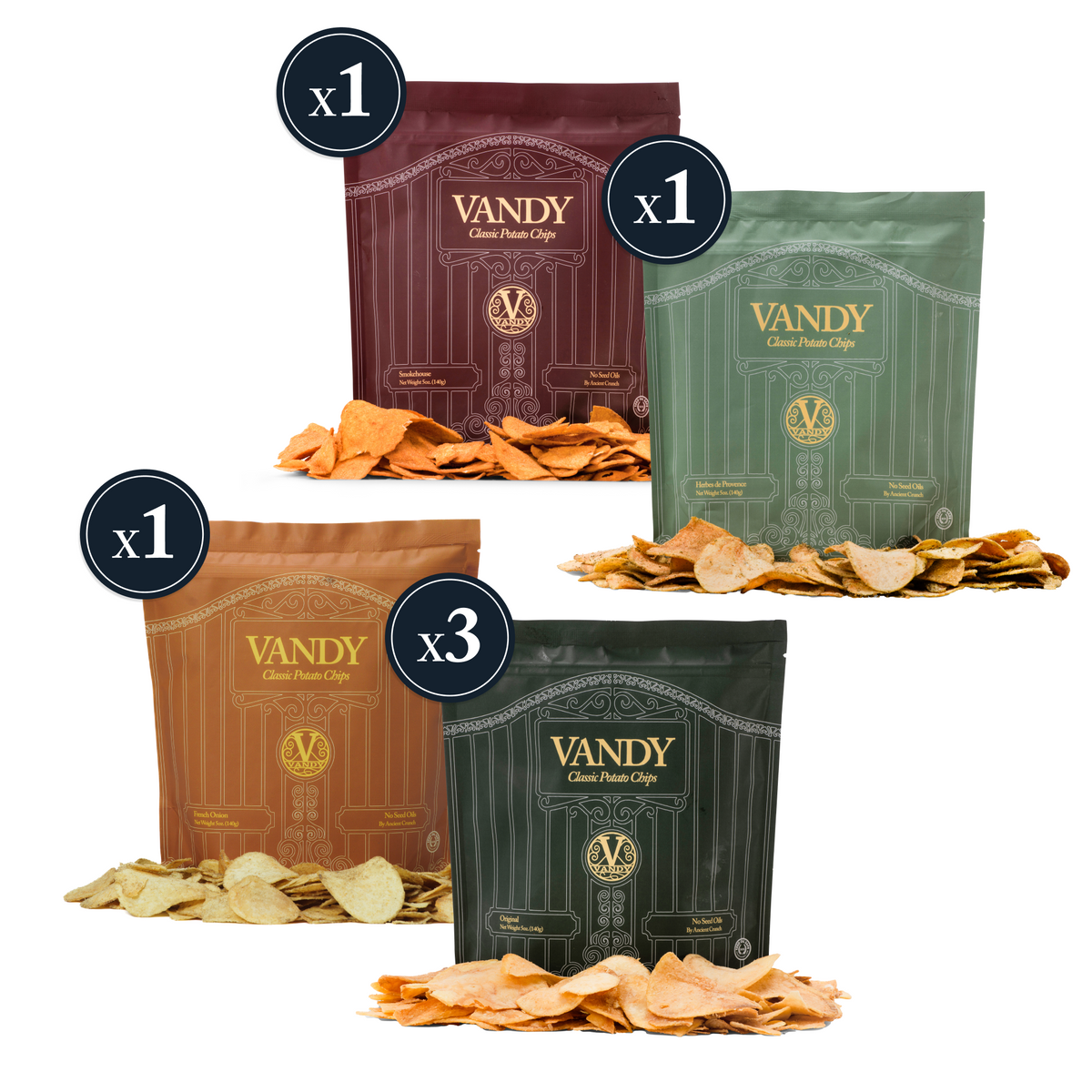 Four packages of Vandy potato chips with different colored packaging.